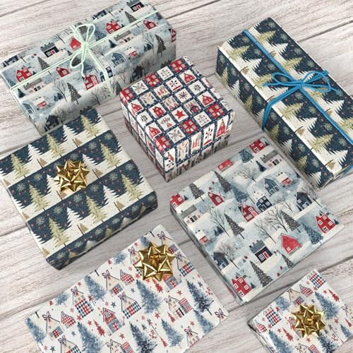 GIOLAINY Rustic Country Christmas Wrapping Paper Bundle - Holiday Gift Wrap with Vintage Cottage, Old-Fashioned Christmas Tree, Winter Farmhouse Design - 6 Sheets (28 x 40 inches), Easy to Store