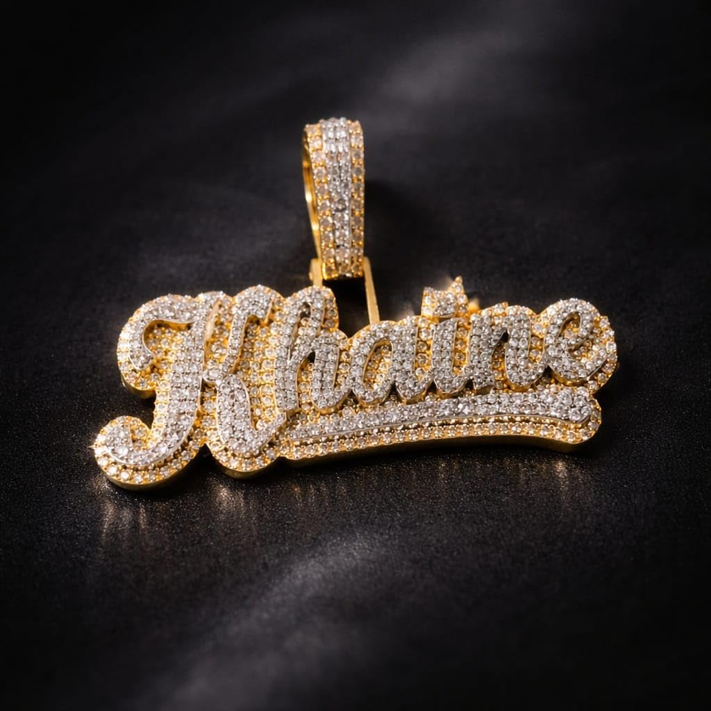 Custom Name Pendant Necklace for Men & Women | Sterling Silver with 14K Gold Plating | Iced-Out Personalized Name Charm | 2.14” Width | Gift for Any Occasion