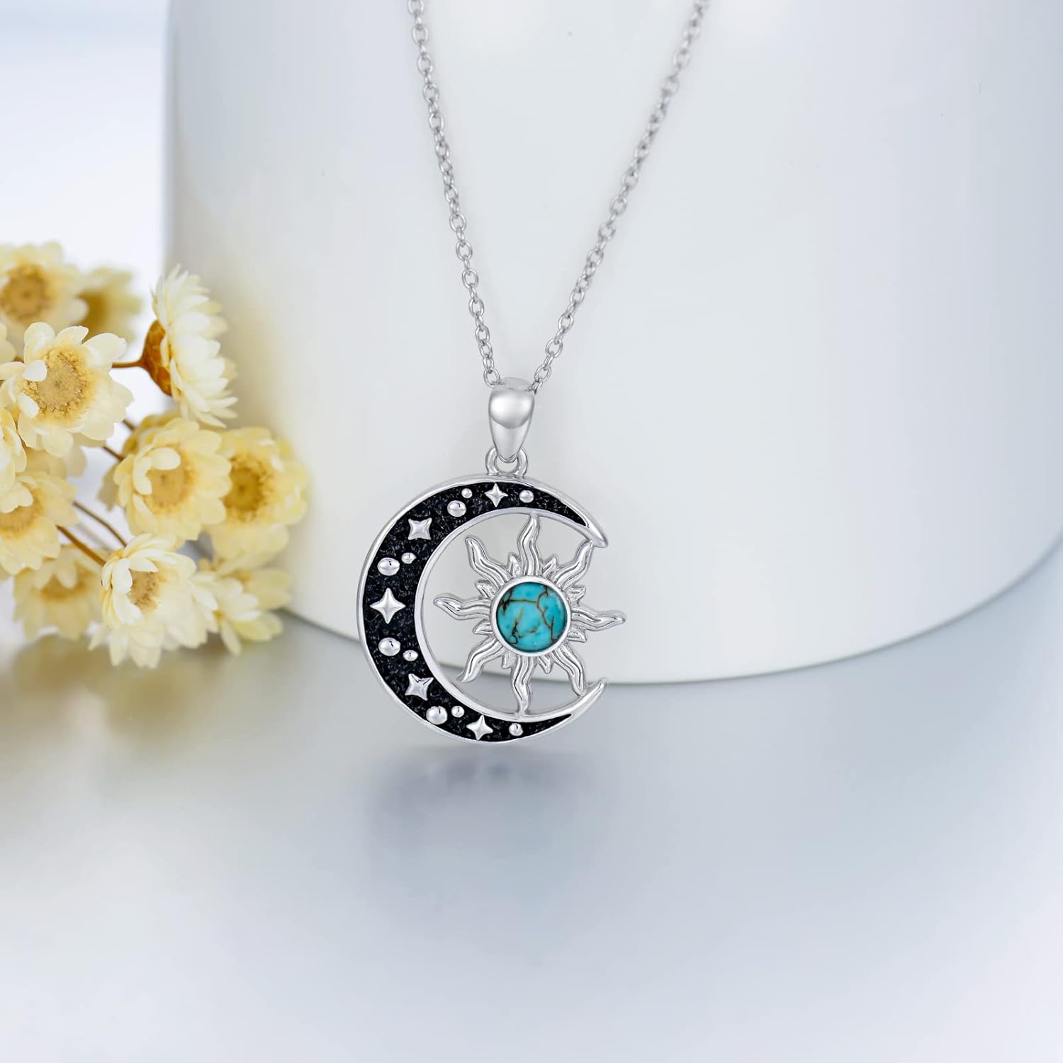 Moon and Sun Necklace for Women 925 Sterling Silver Genuine Turquoise/Diamond Crescent Moon Sun Pendant Western Jewelry Gifts for Mom Daughter - Image 4