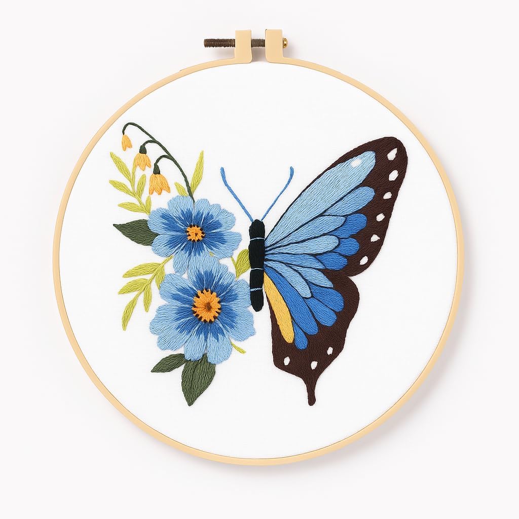 Butterfly Embroidery Kit, Complete DIY Needlework Set with Pattern, Hoop, Threads and Instructions- Home Wall Decortr Art Project