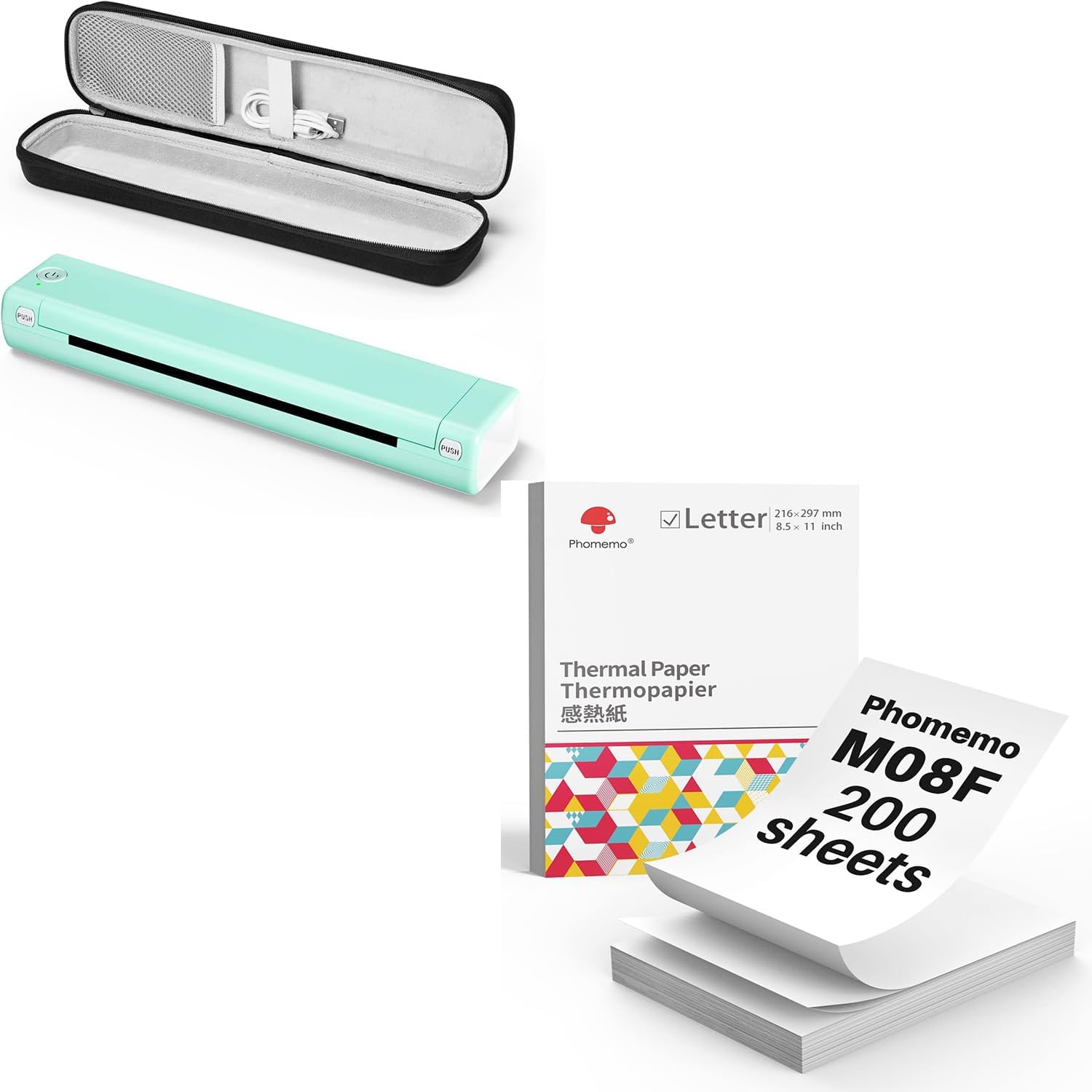 Phomemo Portable Printer Green & US Letter Folding Thermal Paper Size 8.5" x 11",200 Sheets & Case, Inkless Thermal Compact Printer, Compatible with Android and iOS Phone & Laptop