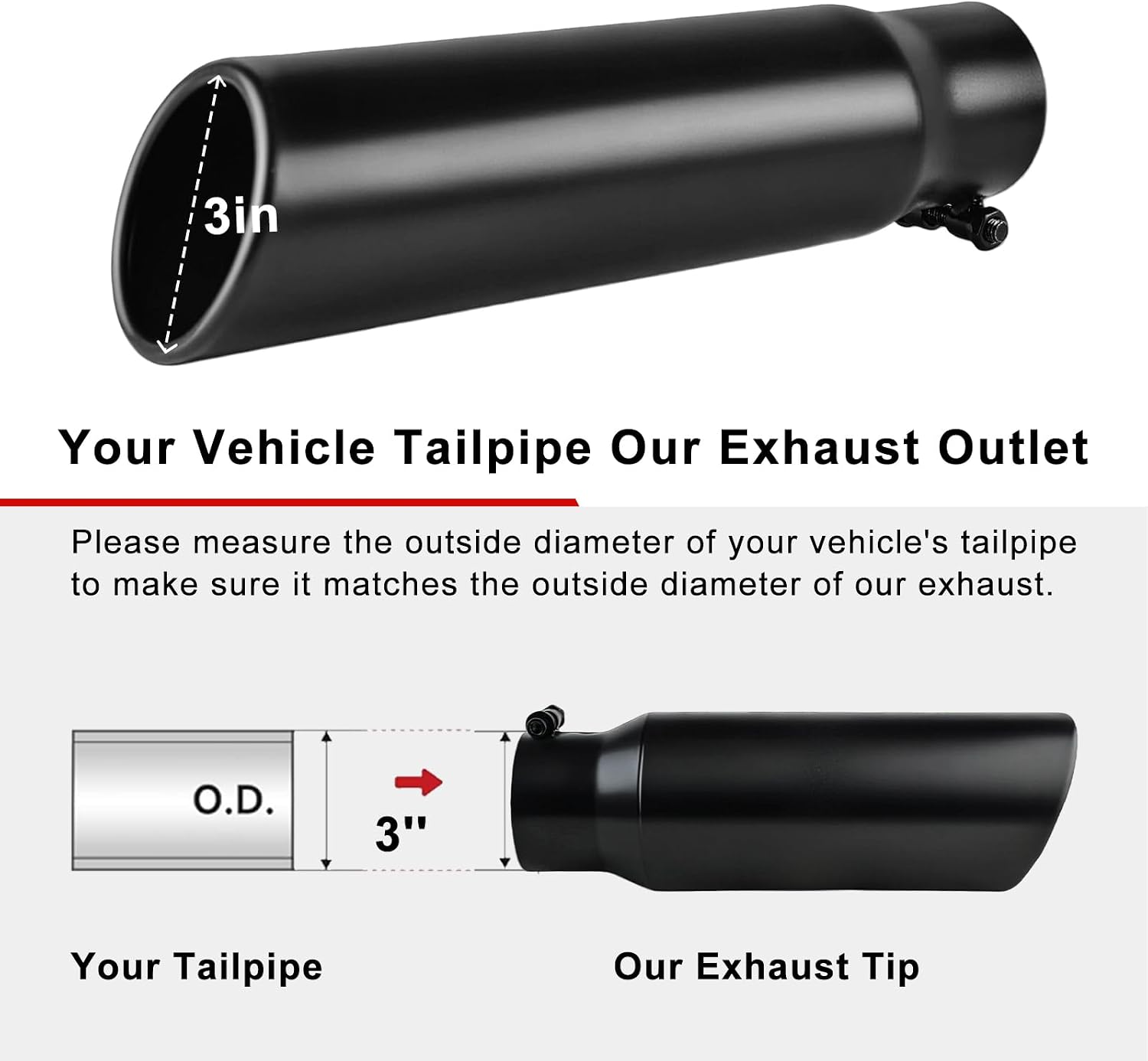 2.5 inch Inlet Exhaust Tip, 2.5" Inlet 3" Outlet 12" Overall Length Stainless Steel Exhaust Tail Pipe, Slant Sleek Angle Cut, Bolt-On, Black