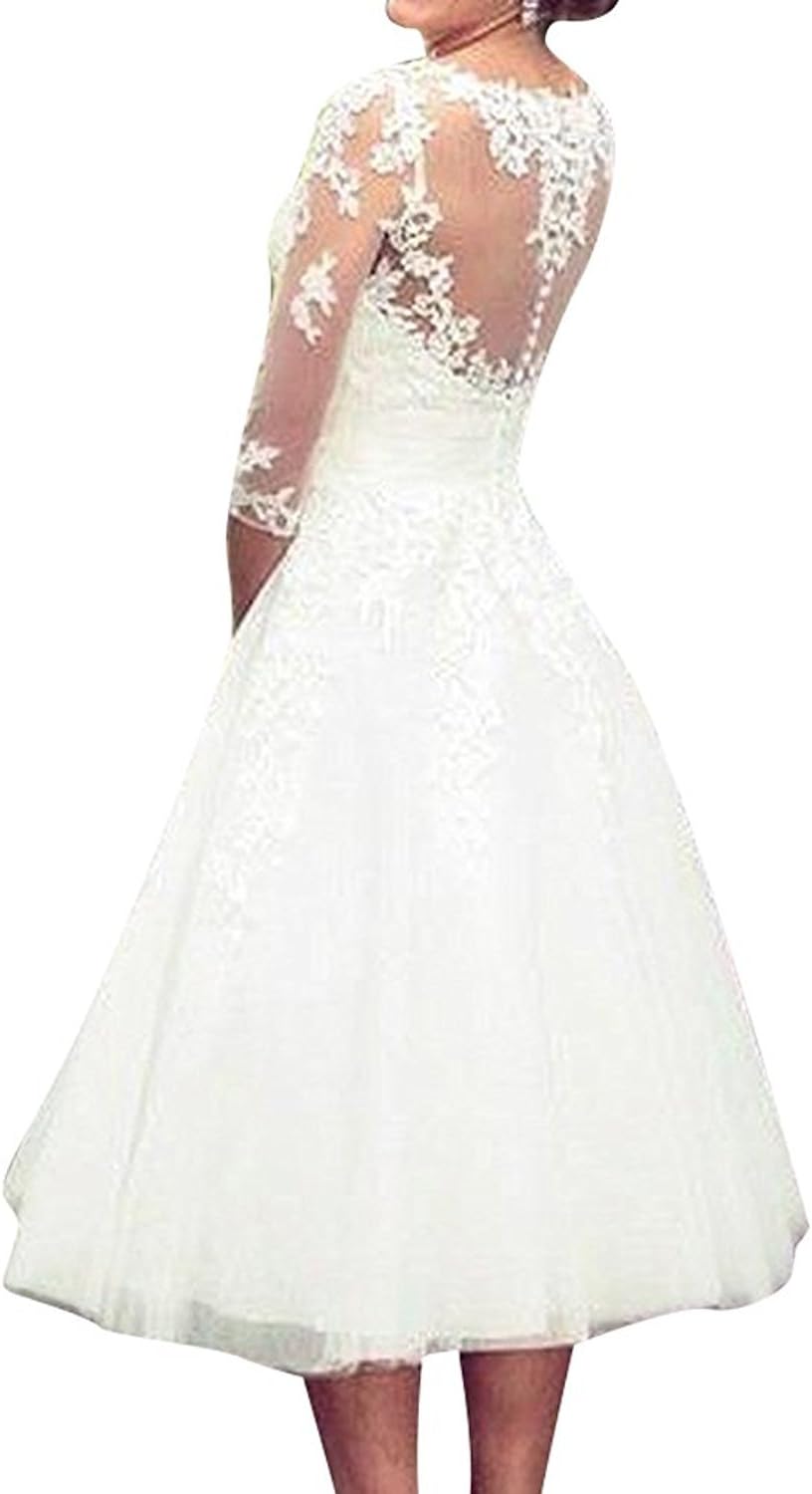 Lorderqueen Women's 3/4 Sleeve Tea Length Lace Wedding Dress Bridal Gowns