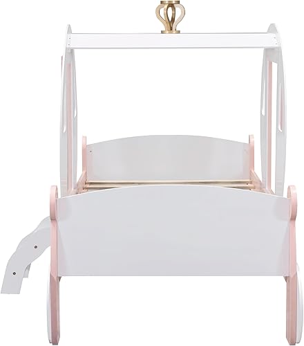 Miniatura 6 de Cama de tamaño individual en forma de automóvil con techo, marco de cama de piso de madera con diseño de ruedas y puertas, divertido diseño de juego