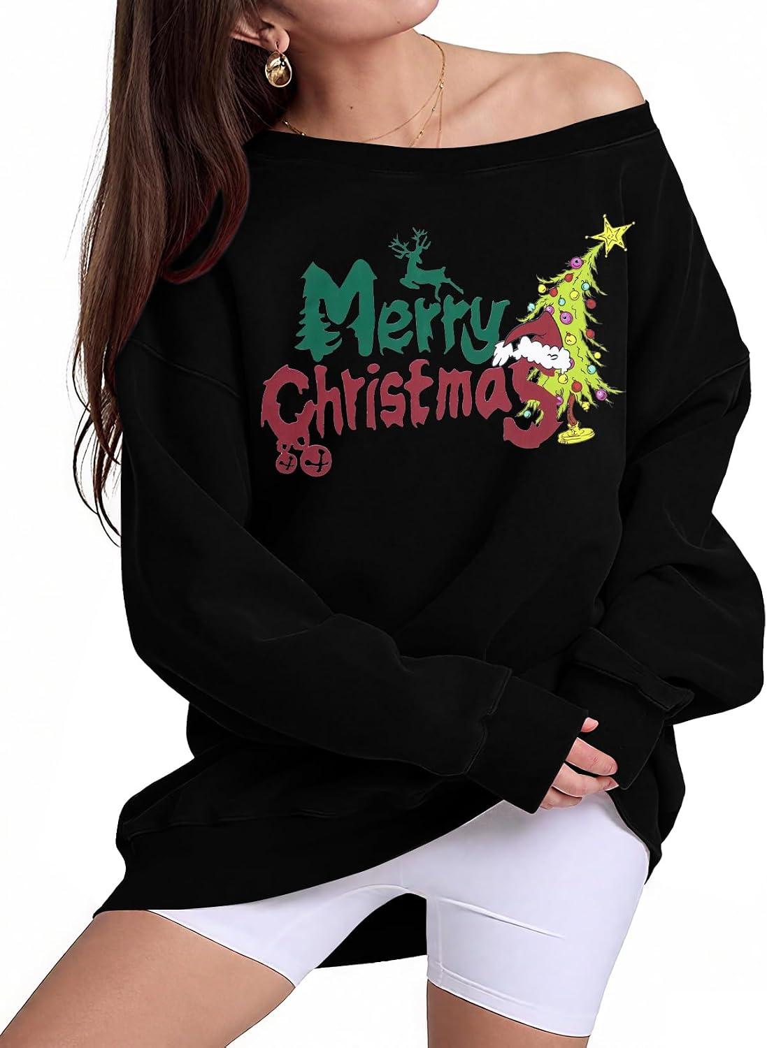 MYHALF Off Shoulder Christmas Shirts Womens Merry Christmas Sweatshirt Ugly Xmas Holiday Sweaters Casual Y2k Tops Lightweight