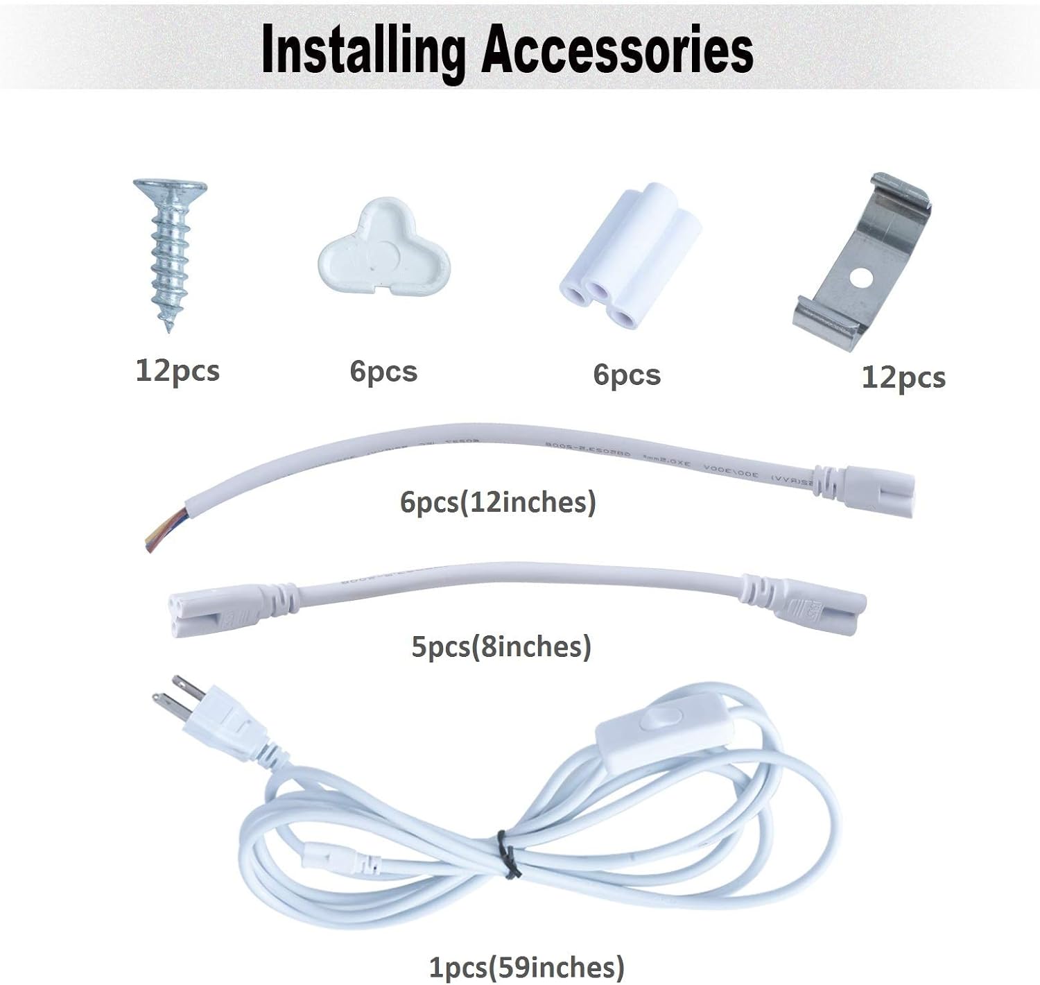 Image displaying all included accessories for installing the T8 LED tube lights, such as screws, mounting clips, direct connectors, linking cables, and the power cord.