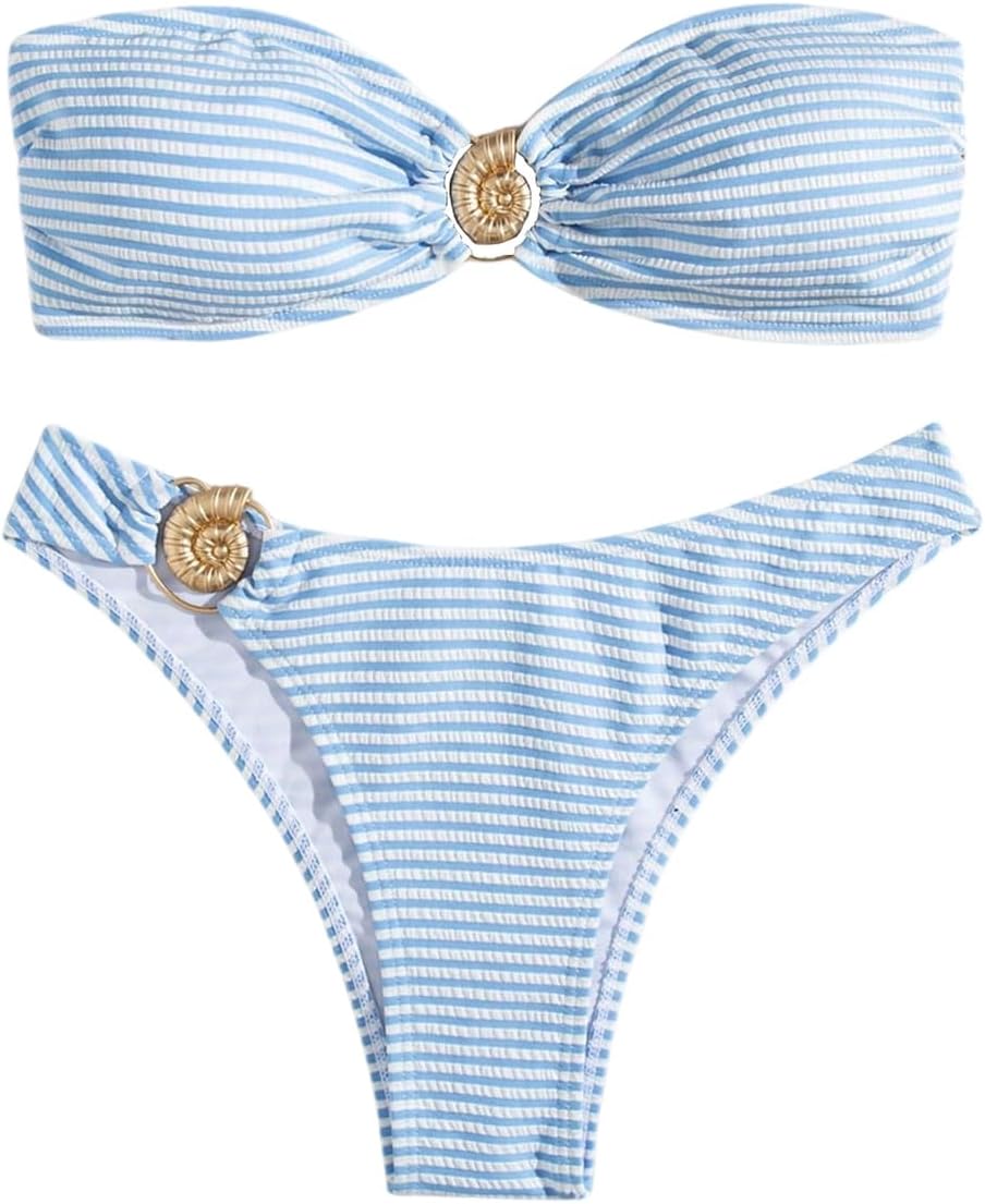 Striped Swimsuit Strap Dress Side Backless Lace-up Bikini Split Swimsuit