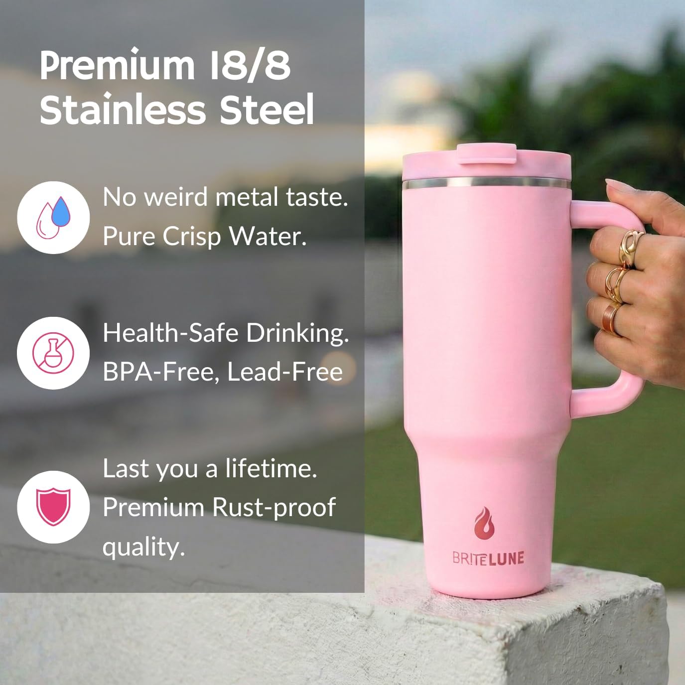 Travel 40oz Tumbler with Handle & Straw, 100% Leakproof, Triple-Insulated, Keeps Drinks Cold 30H/ Hot 12H, Stainless Steel Cup, Cup Holder Friendly (Tea Rose)
