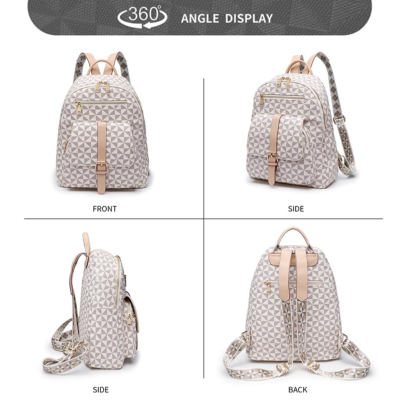 Image of Light Beige Minimalist Backpack for Women, Vegan Leather Cute Purse with Gold Zipper, Small Daypack for Office /Shopping