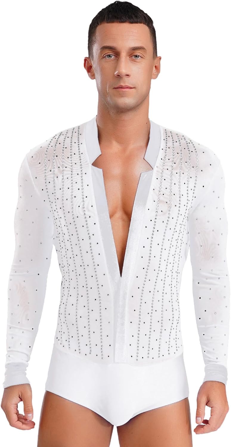 ACSUSS Men's Shiny Rhinestones Velvet Patchwork Sheer Latin Ballroom Dance Tops Shirt Leotard Competition Costume