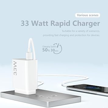 33W Fast Charger Plug for XIAOMI Redmi Note 14 13 12 11 11S 9 Pro 10 10 Pro 10S 9T 8 Pro Mi 11 10 10T 11T Lite Pro 9,Poco X5 Pro X3 Pro X6 M5 C65 with 6.6ft Charging Cable