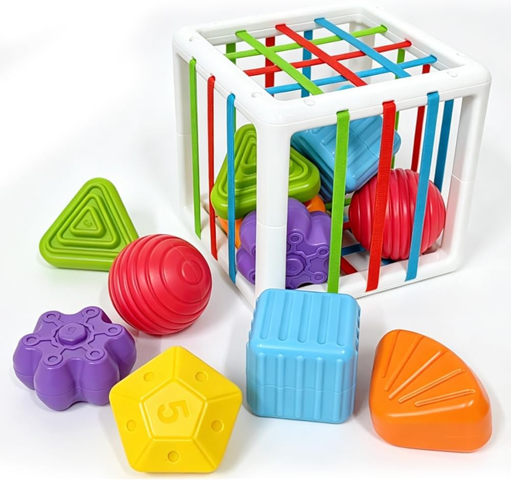 Block Set of 6 Sensory-Shaped Blocks, Montessori Toy Suitable for 1-Year-olds, Toys for 12-18 Month Babies, Busy Board for 1-Year-olds, Gift