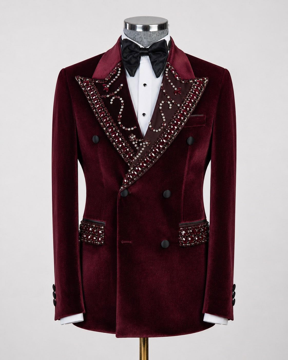 Men's Velvet Tuxedo Jacket Double Breasted with Rhinestone | Luxury Prom Wedding Suit, Slim Fit Peak Lapel Two Button Party Blazer for Party Dinner