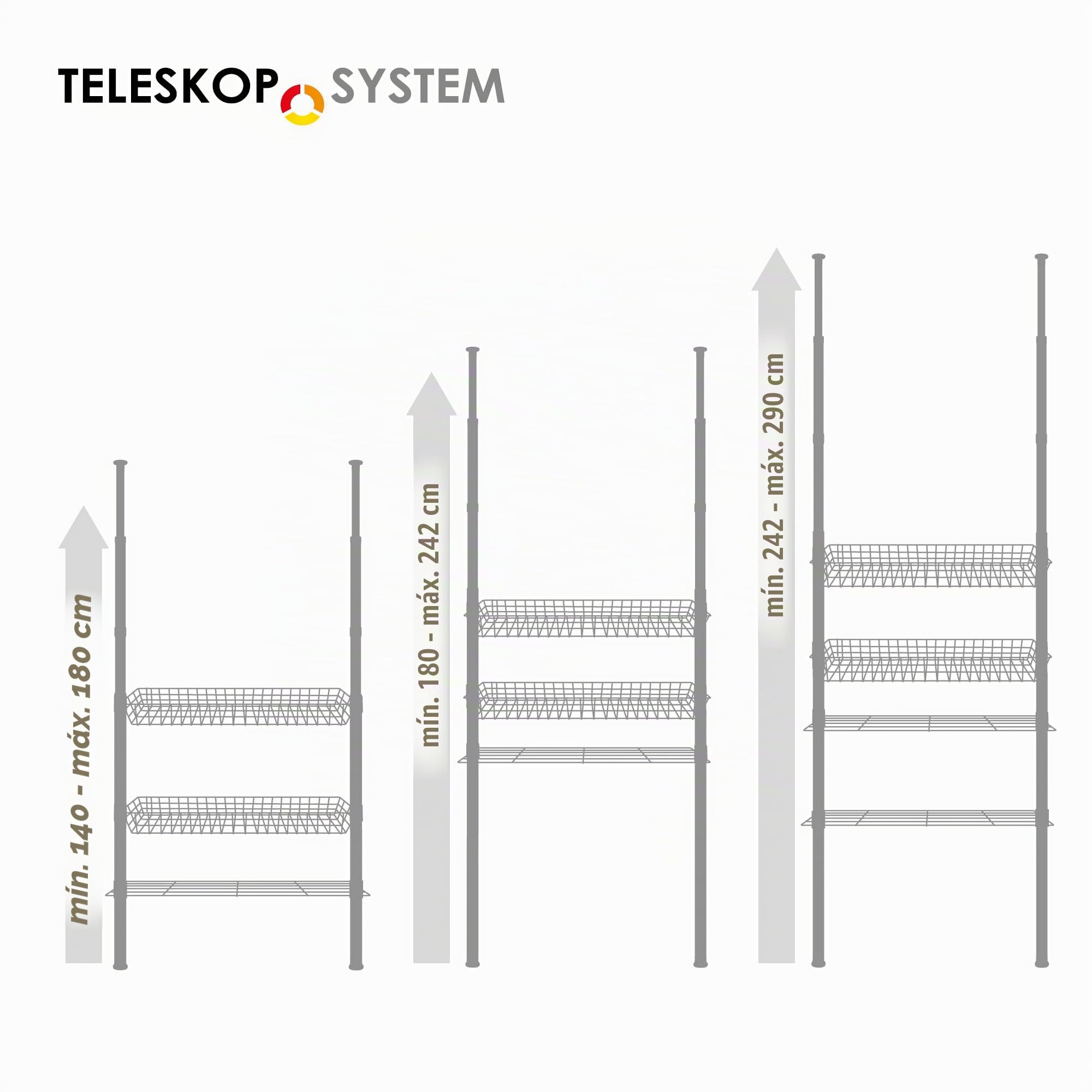 bremermann Estantería telescópica con 2 cestas, 2 estantes, Barra telescópica de hasta 290 cm (Negro)