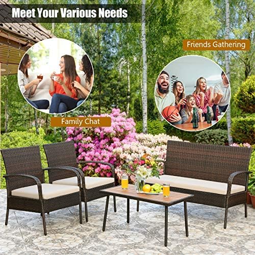 COSTWAY 4 Piece Garden Furniture Set, Sectional Sofa Set with 2 Chairs, 1 Loveseat and 1 Table, Outdoor Indoor Conservatory Table Chairs for Patio Yard Poolside (Rattan+Acacia Wood, with Cushions)