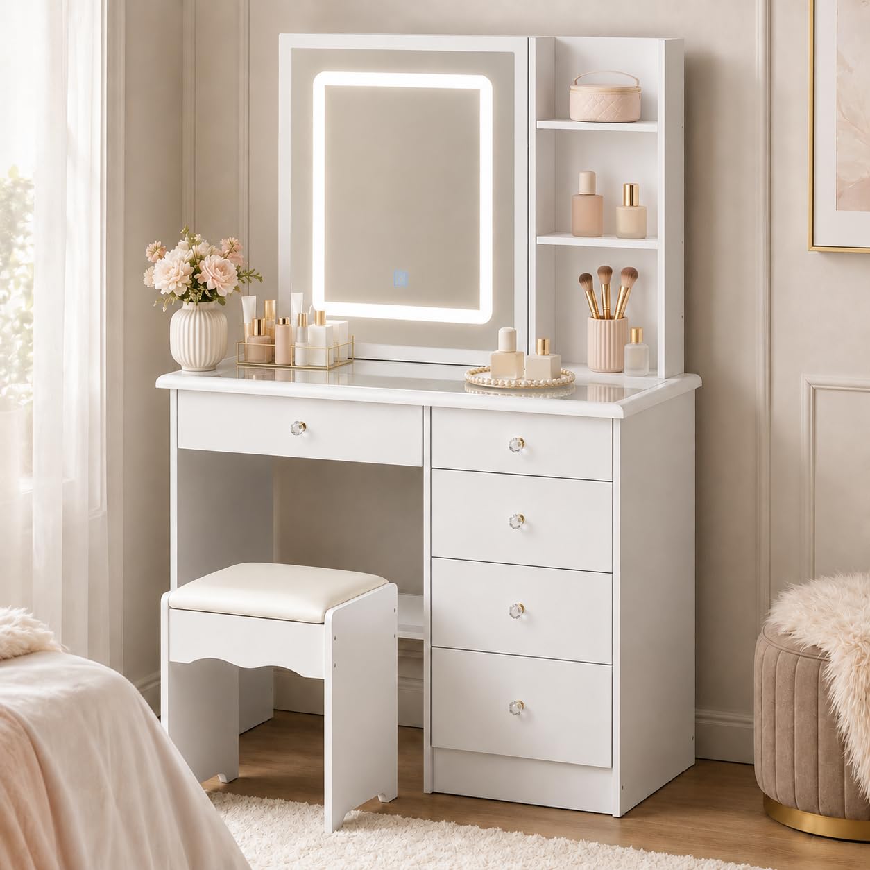 Tavolo da Toeletta Con Grande Piano in Vetro, Illuminazione a 3 Colori, Specchio e Sgabello - 5 Cassetti e 4 Ripiani - Bianco