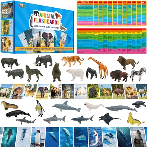 SpriteGru 24PCS Figuras de Animales con 24 Tarjetas de Introducción, Figuras de Animales Salvajes y Marinos, Juguetes Educativos Montessori para el Hogar, Niños