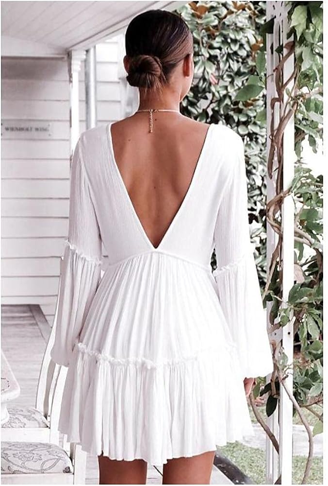casual white long sleeve dress Women's A Line Dress Short Mini Dress L White Long Sleeve Solid Color  Summer Casual White L at Amazon Women's Clothing store