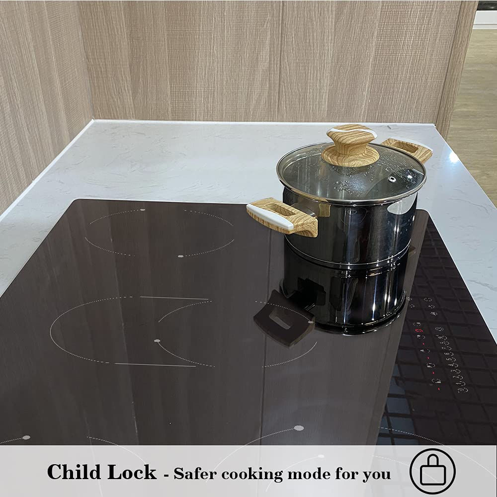 COVERCOOK Piano cottura in vetroceramica 5 fuochi, Piano di Cottura Elettrico con doppia zona e girarrosto, 90cm, 9 Livelli di Potenza, Blocco di sicurezza, 8400W