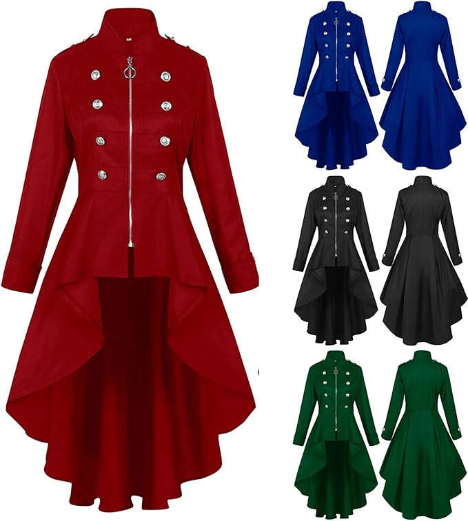 Manteau Femme Long Gothique Queue De Pie Veste Steampunk Manches Longues à Lacets Vintage Costume Medieval Renaissance Asymétrique Col Revers Deguisement Adulte Cosplay Carnaval (Black, S