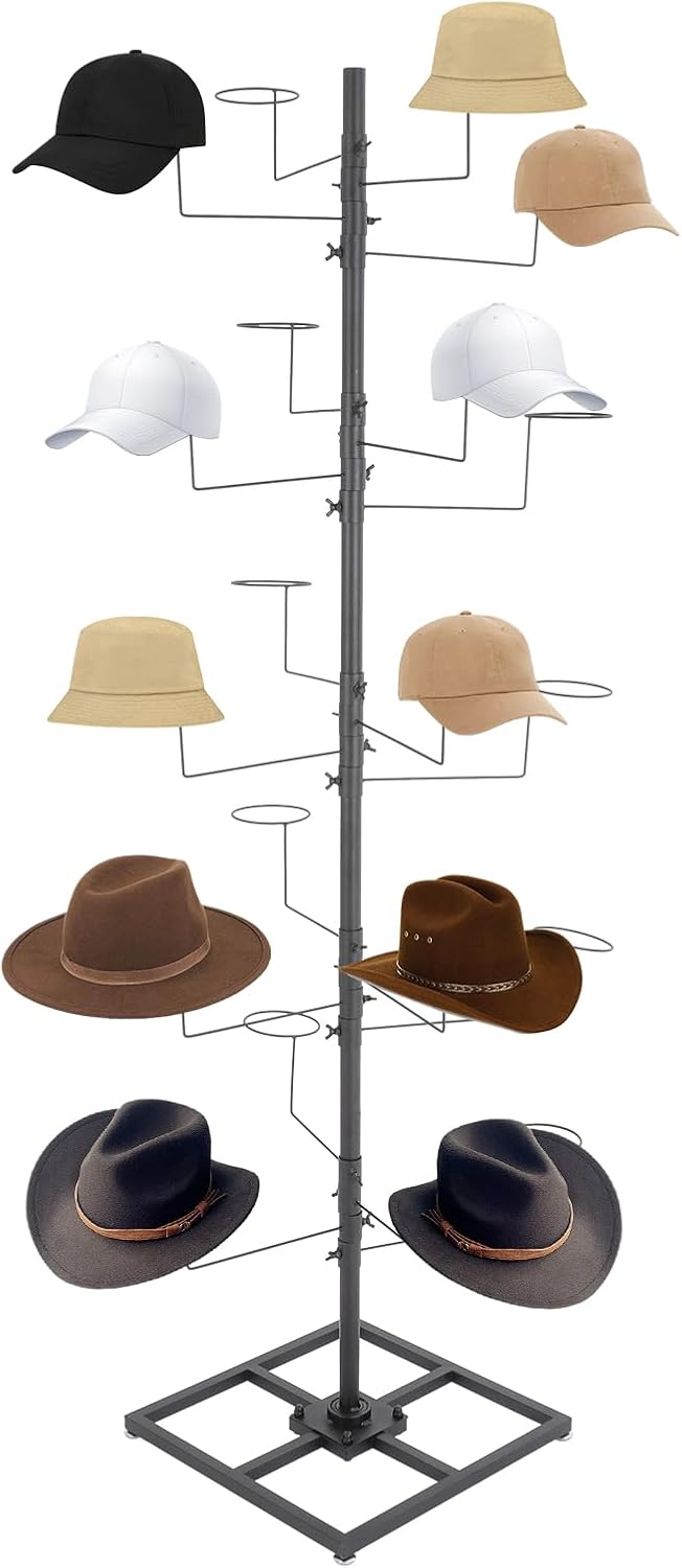 5 Tier Freestanding Metal Hat Organizer Rack with 20 Hookers, Rotating Hat Display Rack Floor Standing Hats Holder Tree Large Hats Organizer Cap Hanger (Black)