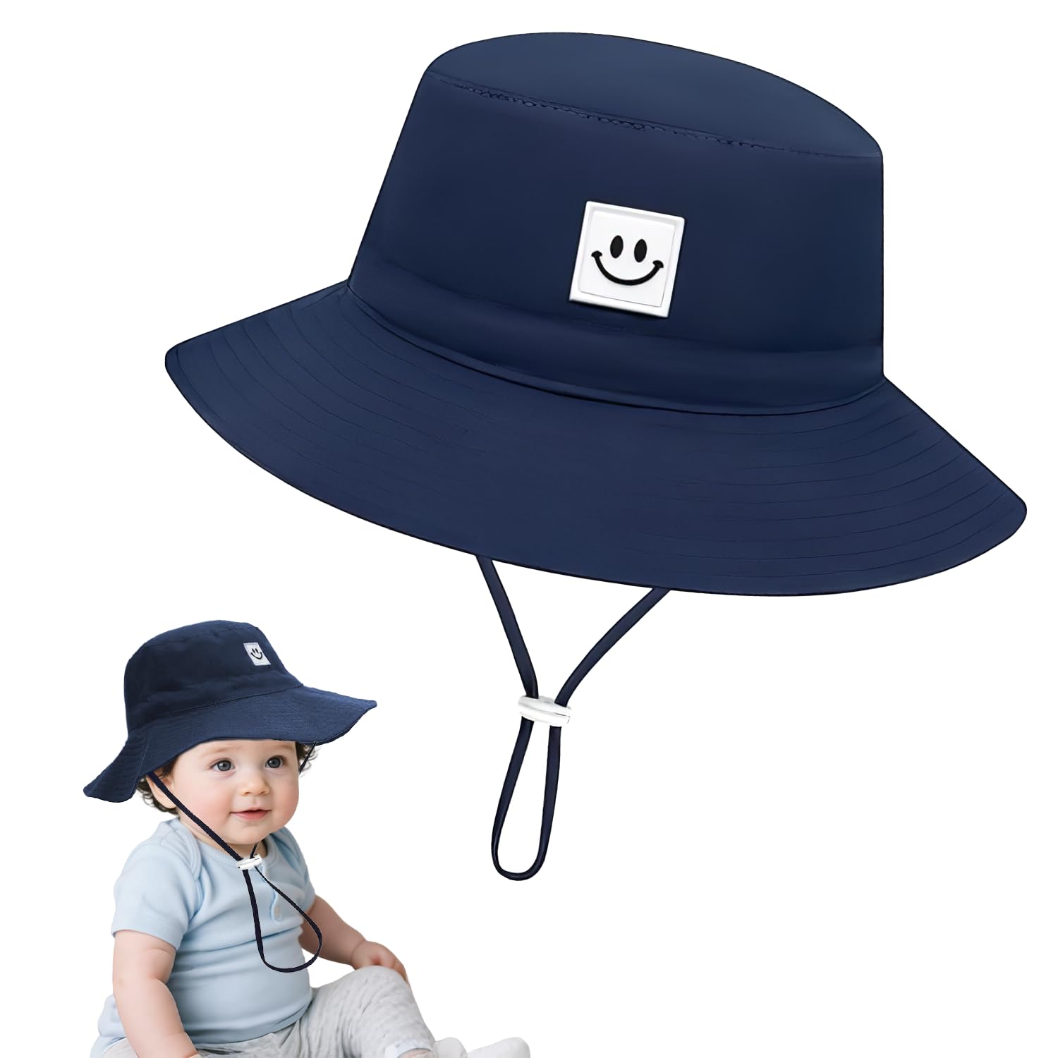 Baby Sun Hat for Boys Girls, Toddler Bucket Hat 2-7 Years, UPF 50+ Sun Protection Kids Beach Hat, Wide Brim Summer Caps with Smile Face, Navy Blue