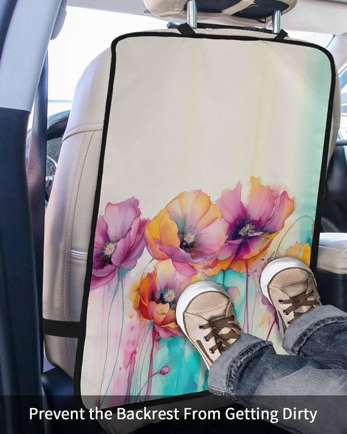 T&H XHome Car Seat Protector, 2 Pack Kick Mats Back Seat Protector Spring Floral Watercolor Poppy Botanical Pattern Waterproof Backseat Cover for Kids Universal Fit Automotive Interior Protectors