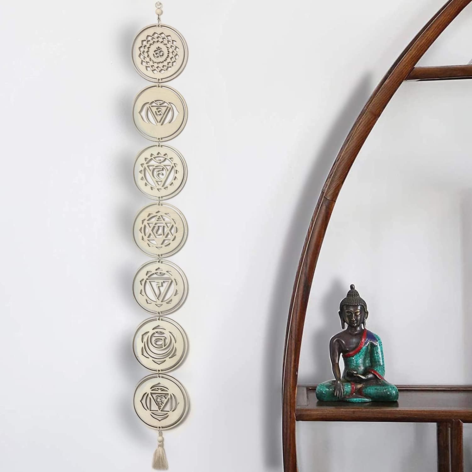 Putdigei 5.9" 7 Chakra Decor Set, Wood Meditation Hanging Decorative, Sacred Geometry Wall Art, Yoga Wooden Grid Art Symbol for Bedroom, Home, Apartment, Living Room, Spiritual Gifts