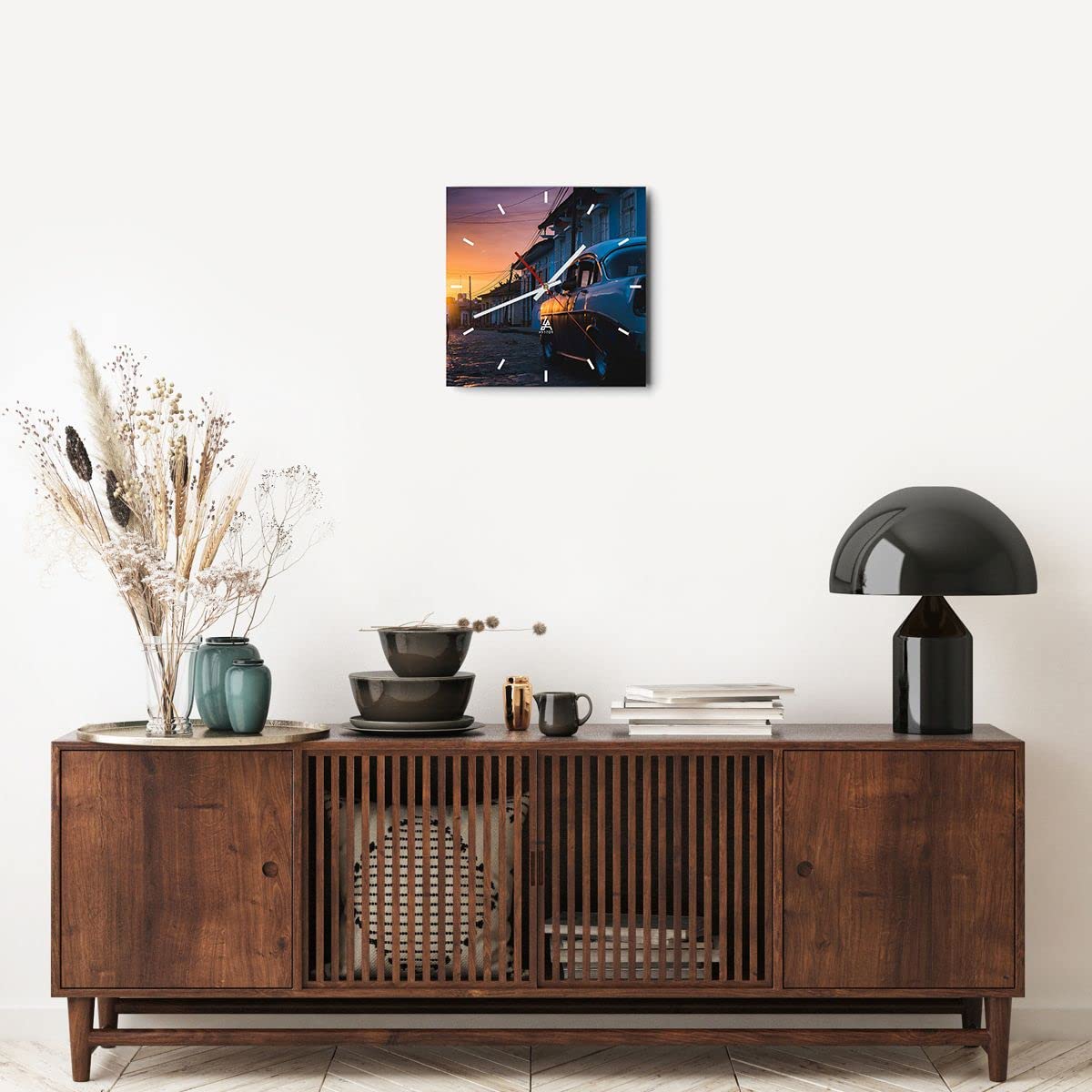 ARTTOR Zegar ścienny na szkle ulica samochód dom Nowoczesny 30x30 cm Dekoracja ścienna Salon Sypialnia Kuchnia Deko Cichy zegar na ścianę Duży Wall Clock Dekor C3AC30x30-3459