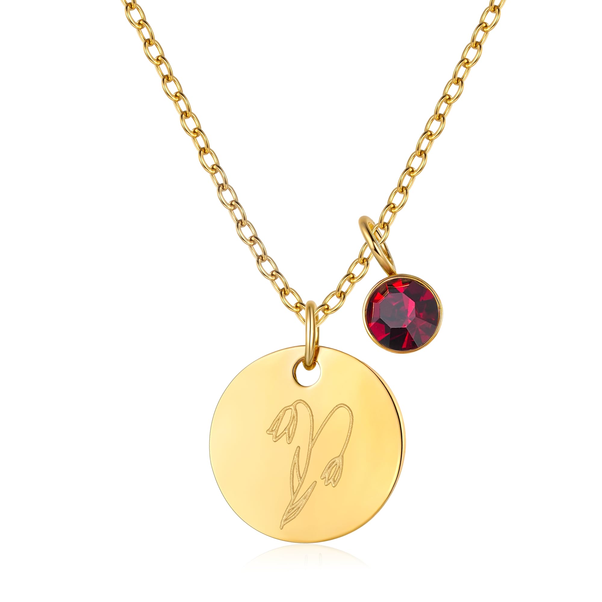 YeGieonr Birth Flower Pendant Necklace for Women, Stainless Steel Round Pendant with Cubic Zirconia, Tarnish-Free & Hypoallergenic Gift for Her