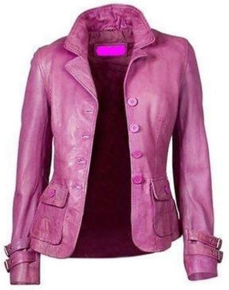 Women's Genuine Lambskin Leather Blazer Slim Fit Jacket Four Button Coat Hot Pink