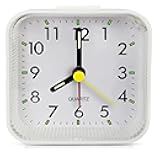 THIDARGO Small Square Analog Alarm Clock with Night Light, Quartz Movement, Snooze Function, Battery Operated, Compact Desktop Clock,Easy Set (White)