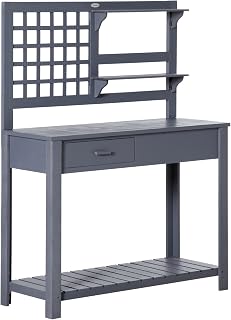 Outsunny Potting Bench Table, Garden Work Bench, Wooden Workstation with Tiers of Shelves and Drawer for Patio, Courtyards, Balcony, Grey