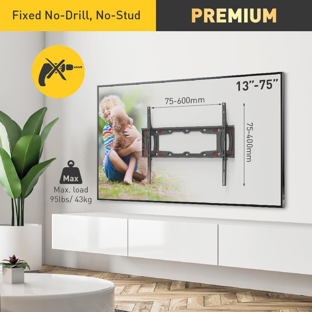 Barkan ND400.B TV Wall Mount overview showing a TV mounted on drywall, indicating no-drill, no-stud, max load 95 lbs, and TV size range 13-75 inches.