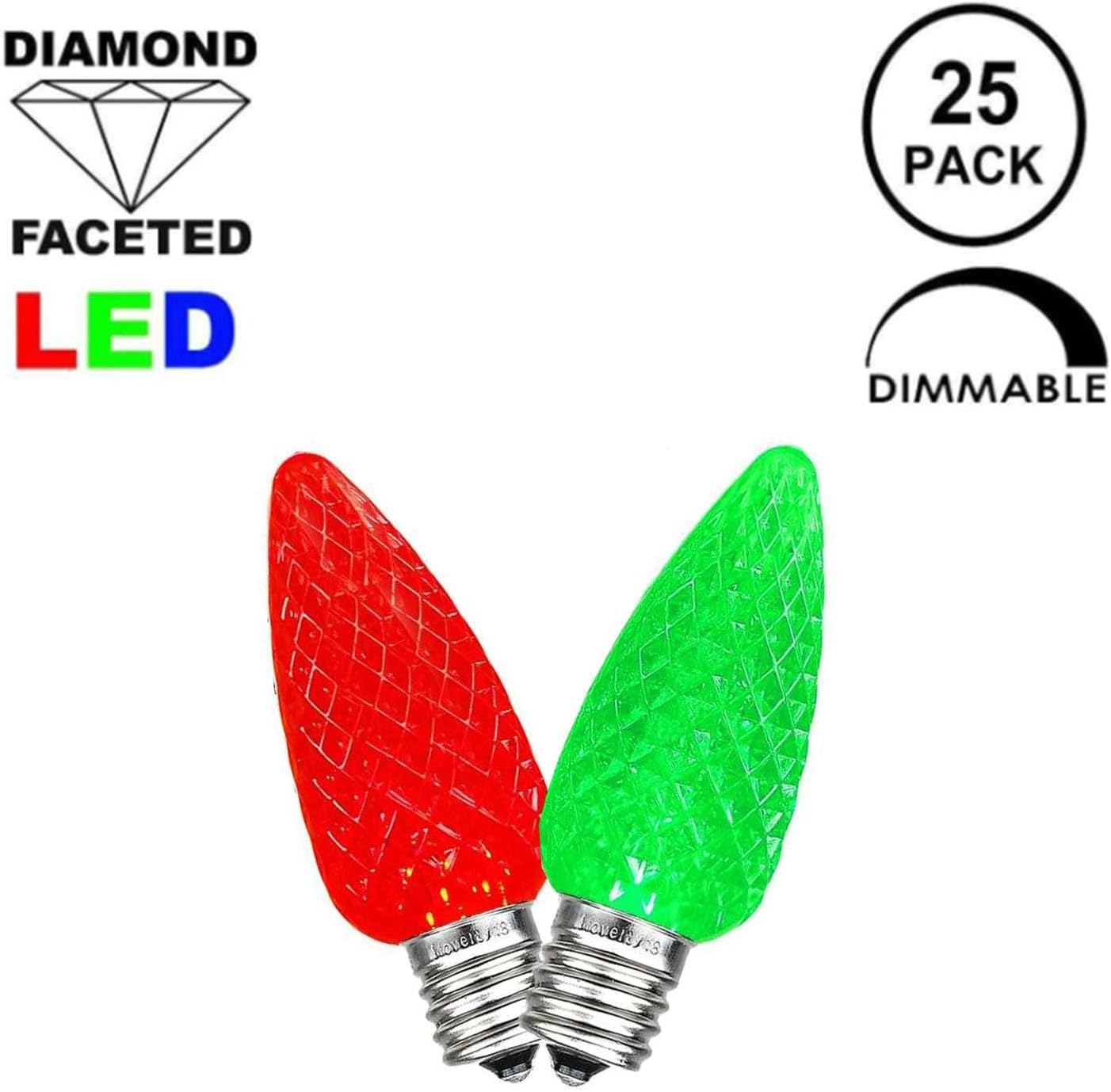 Novelty Lights 25PK C7 LED Faceted Ultra Bright Outdoor Dimmable Christmas Light Bulbs, Led Bulbs, Red/Green
