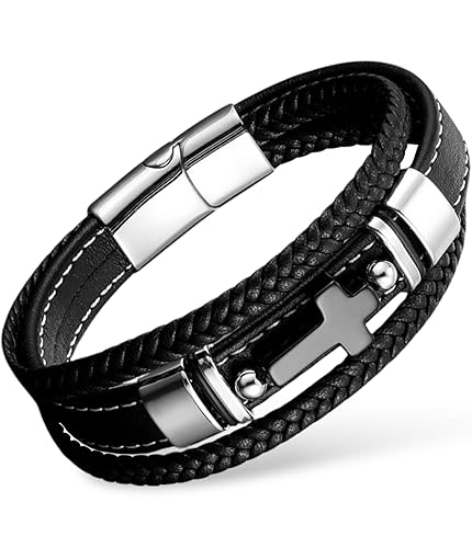 Mens Bracelet Cross Multilayer Black Braided Genuine Leather Bracelet for