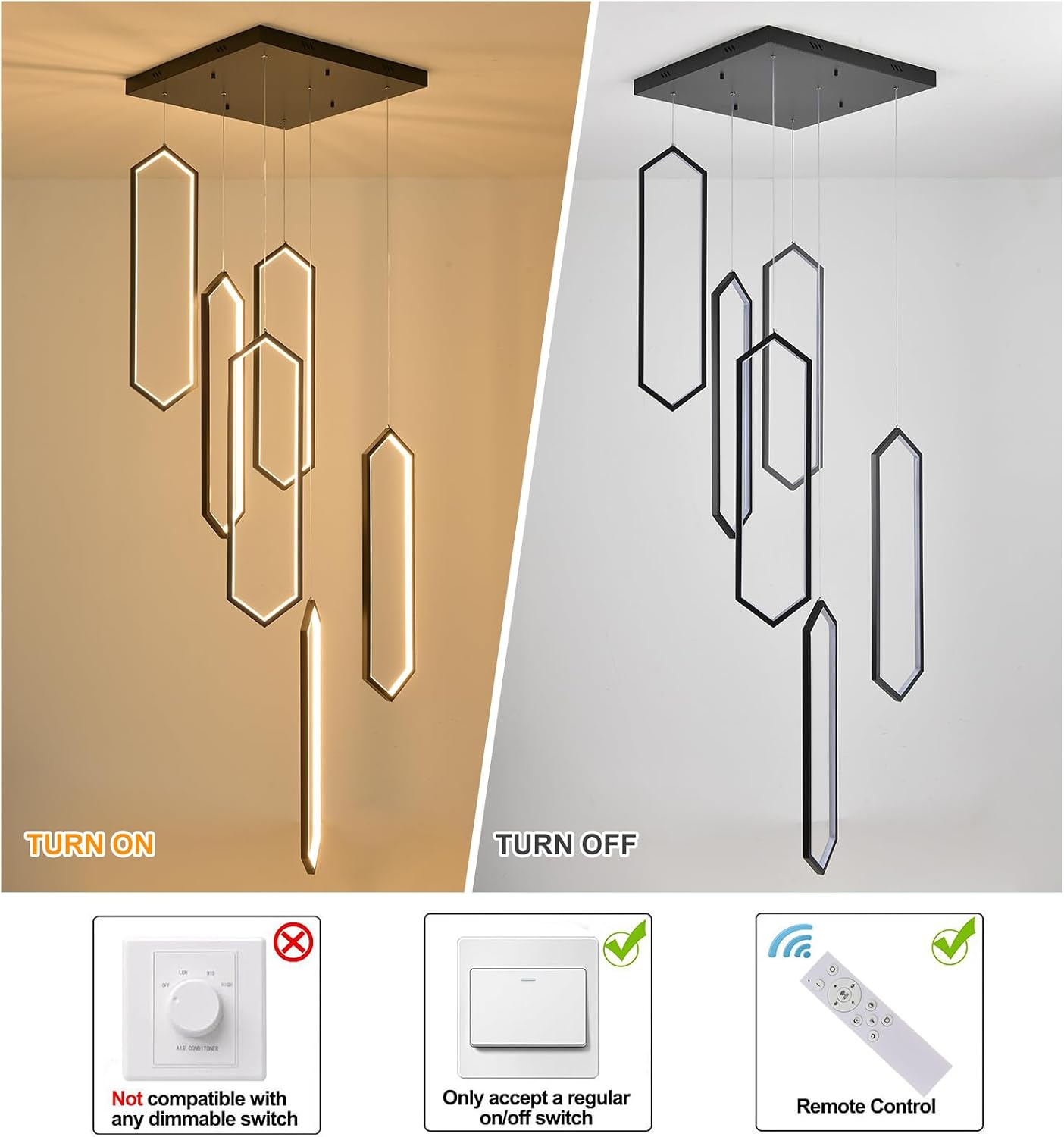 GEADI Foyer Chandeliers for High Ceilings,6-Light Modern Dimmable Led High Ceiling Chandelier with Remote Control,Black Large Chandelier Staircase Pendant Light Fixture for Entryway(3000-6500K)