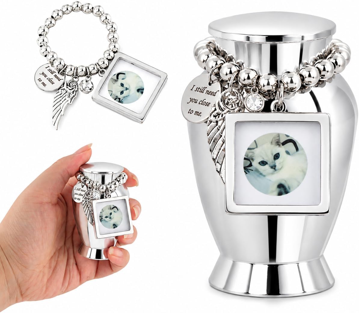 Small Keepsake Cremation Urn for Human or Pet Ashes, 2.75" Mini Memorial Urn with Photo Frame, Velvet Bag and Filling Spoon, Small Sharing Urn for Ashes, Silver