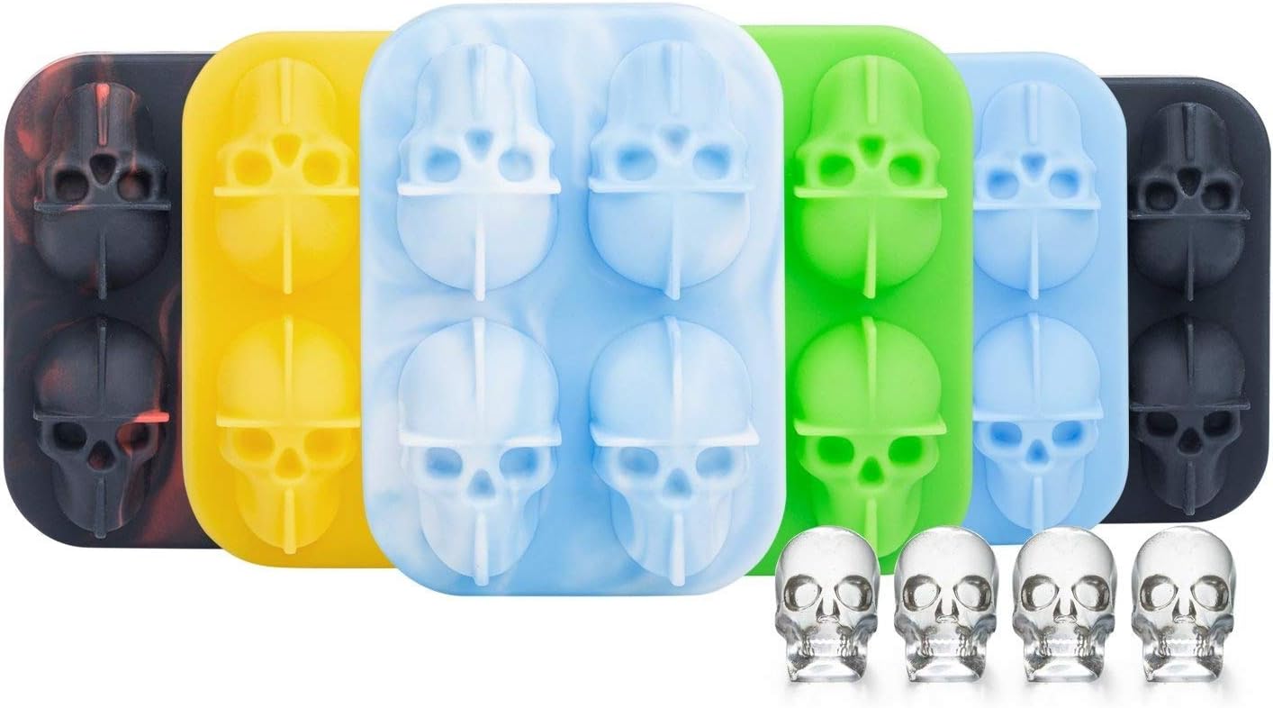 3D Skull Silicone Ice Cubes Mold Tray, for Whiskey Drinks-Party,Halloween Gifts.(Funnel Attached)(W&B Mix)