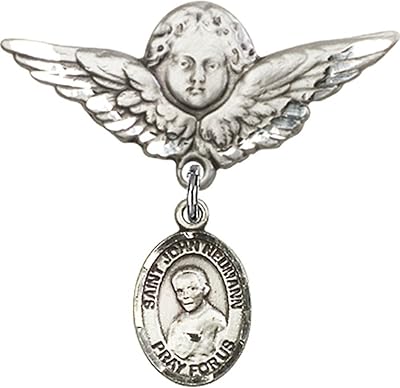 Sterling Silver Baby Badge with St. John Neumann Charm and Angel w/Wings Badge Pin 1 1/8 X 1 1/8 inches