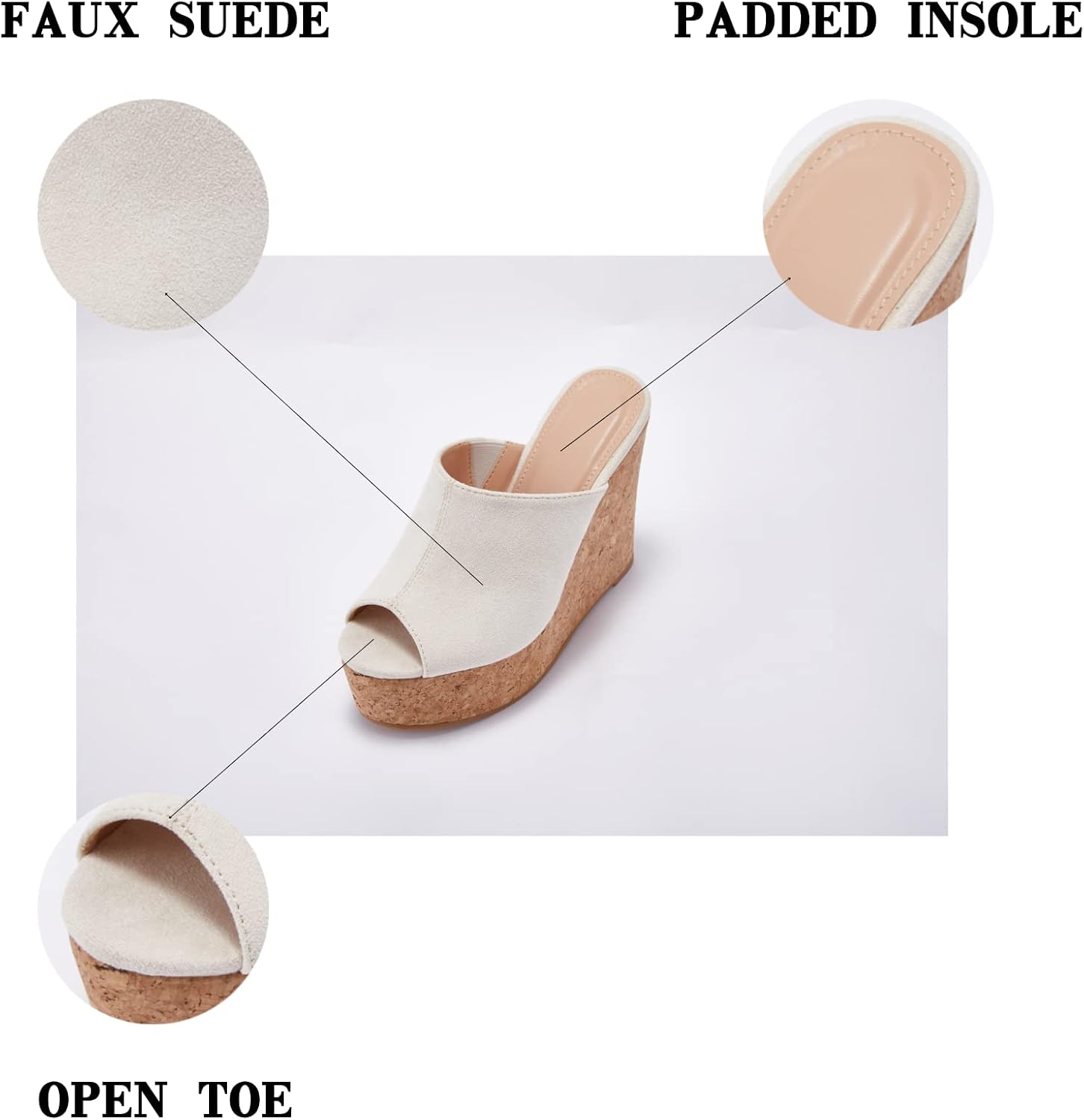 LAICIGO Womens Wedge Platform Slide on Sandals Open Toe Cork Faux Suede Dress Summer Slippers Shoes
