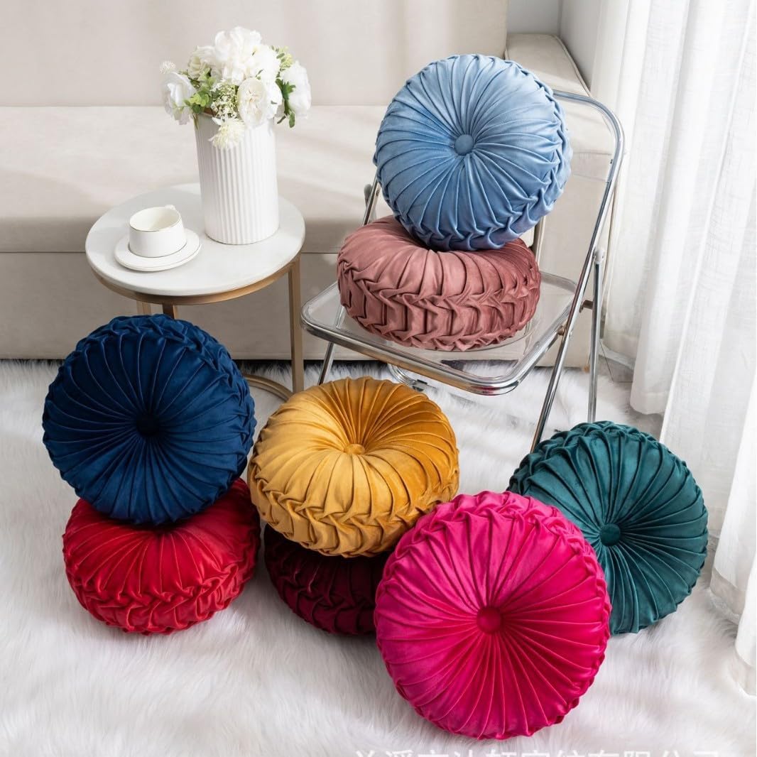 MOCOFO Round Velvet Throw Pillow, Pumpkin Shape Decorative Floor Cushion, Handcrafted Pleated Design, 14 and 16 Inch Diameter, Multiple Colors, Polyester Fill (Light Pink, 16")