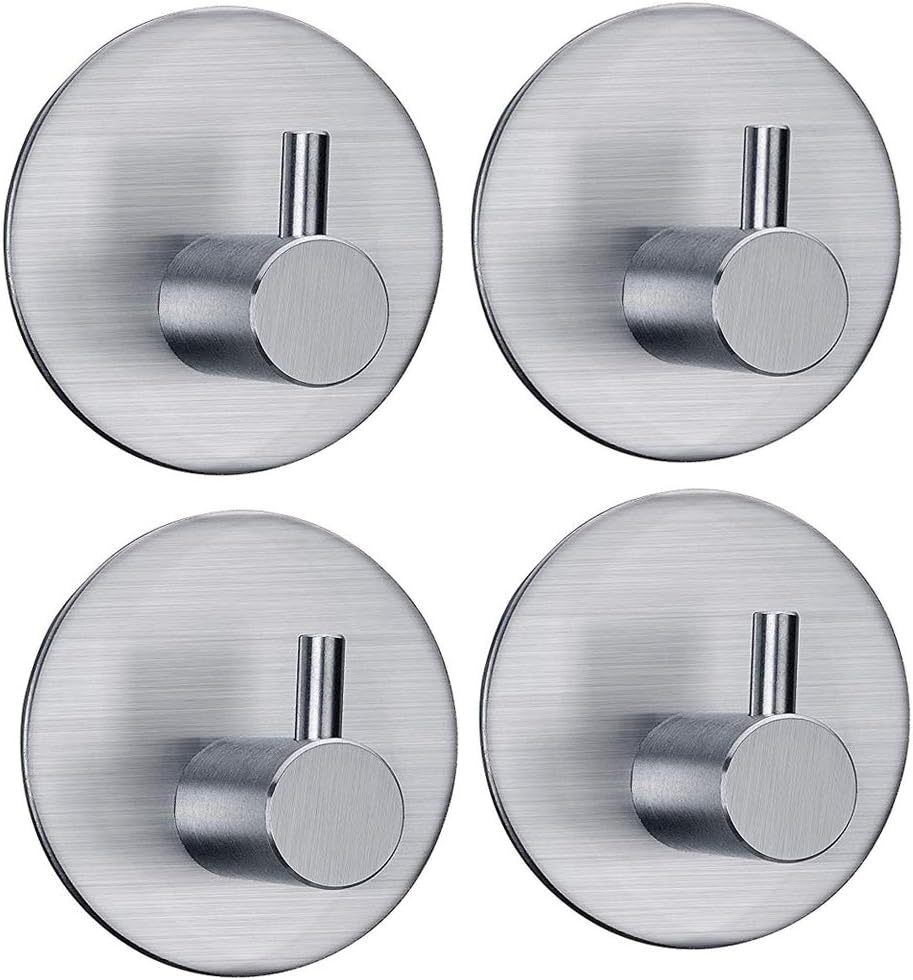 FOTYRIG Heavy Duty Adhesive Hooks Wall Hangers Waterproof Stainless Steel Towel Hooks for Hanging Kitchen Bathroom Home Stick on Wall (Round Base)-4 Packs