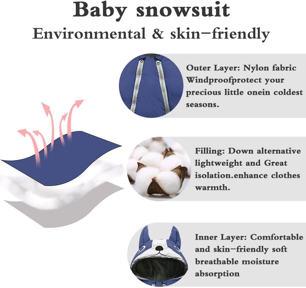 ALLAIBB Toddler Snow Suit Winter Baby Snowsuit Outwear Warm Hood Jumpsuit Convenient Dual-zipper Design For Infant