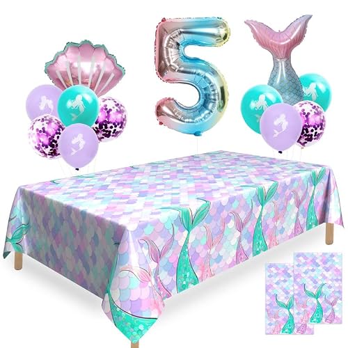 Mermaid 5th Birthday Decorations Mermaid Tail Balloon with Mermaid Balloons Mermaid Tablecloth and Number 5 Balloon for Girls