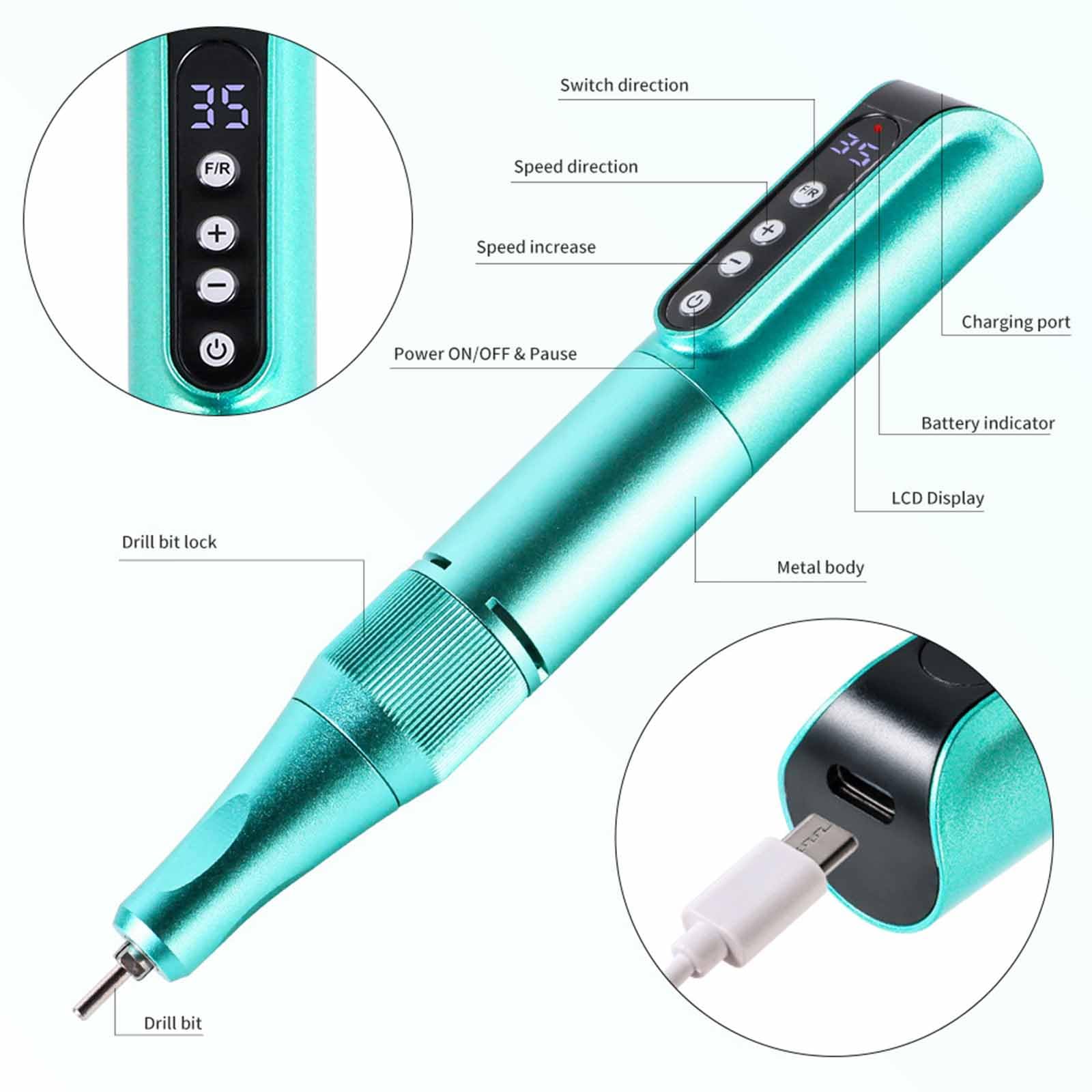 35000 obr./pm Piftowanie paznokci USB, Penowanie Pióra Profesjonalnego Manicure Professional Manicure Remover z 5 wiertarkami i paznokci