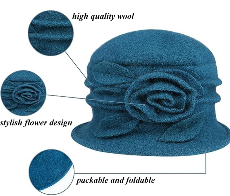 Wool Cloche Bucket Hat for Women 1920s Floral Bowler Cap Elegant Church Dress Cap Winter Warm Fedora Hat - Image 2