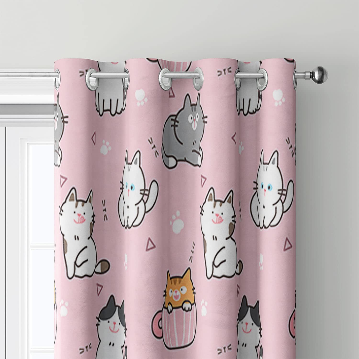 HOSIMA Curtains Blackout Eyelet for Boys and Girls Soft Breathable Pink Cats Print Curtains 2-piece Set Suitable for Young People's Bedroom Living Room Decoration(Pink Cats,168x183) - Image 4