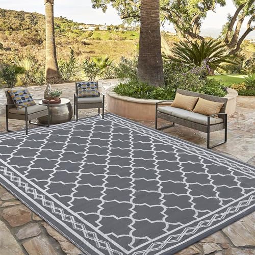 Garvee Outdoor Rug 10x20 for Patios Clearance Reversible Outdoor Plastic Straw Waterproof Camping Carpet Large Area Rugs Patio Mats for Outside RV Camper Deck Porch Beach Picnic (Grey/White)