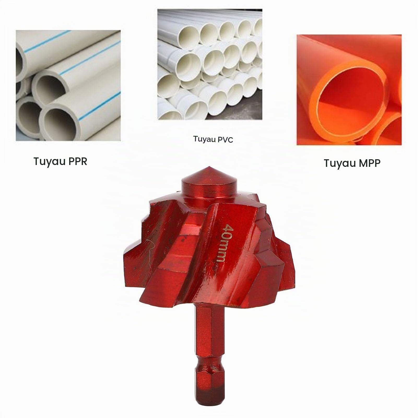 Yctze Foret de Levage PPR, Foret Hélicoïdal de 40 Mm, à Tige Hexagonale de 1/4 Pouce avec Pointe d'angle de 90 Degrés, Idéal pour l'alésage de Perçage de Réparation de Tuyaux en Plastique PVC PPR
